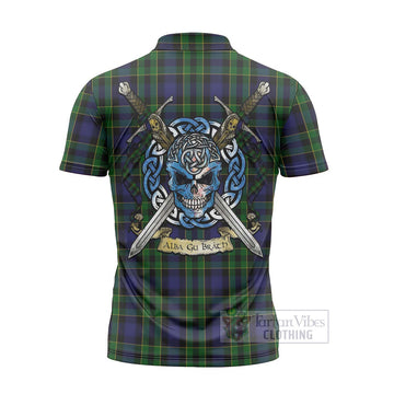 Mowat Tartan Zipper Polo Shirt with Family Crest Celtic Skull Style - Tartan Vibes Clothing