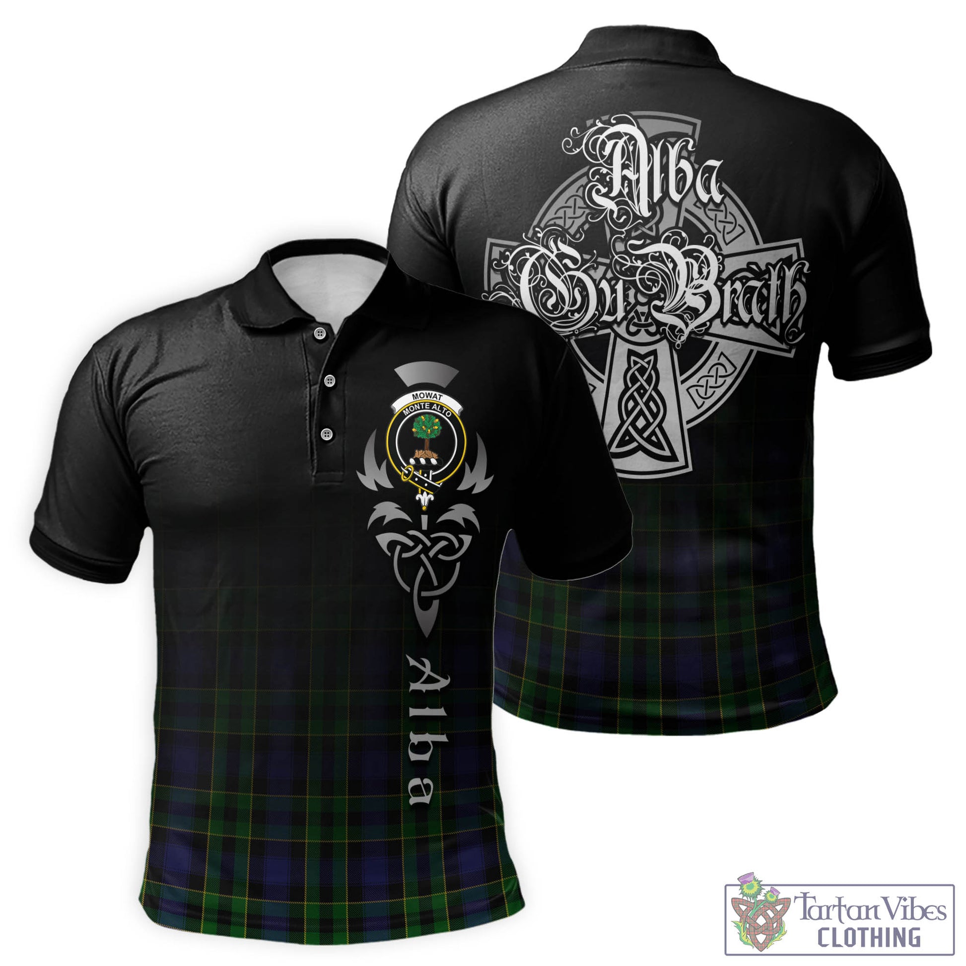 Tartan Vibes Clothing Mowat Tartan Polo Shirt Featuring Alba Gu Brath Family Crest Celtic Inspired