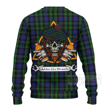Mowat Tartan Ugly Sweater with Family Crest and Bearded Skull Holding Bottles of Whiskey - Tartan Vibes Clothing