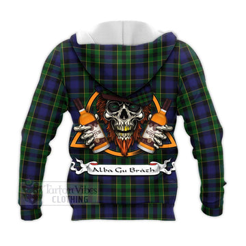 Mowat Tartan Knitted Hoodie with Family Crest and Bearded Skull Holding Bottles of Whiskey - Tartan Vibes Clothing