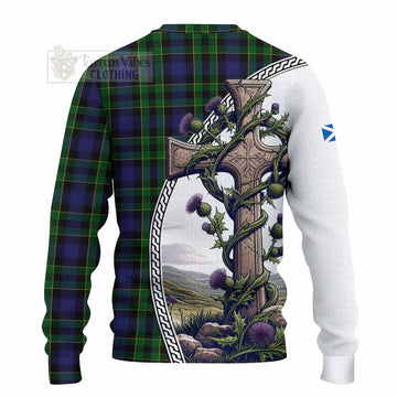 Mowat Tartan Knitted Sweater with Family Crest and St. Andrew's Cross Accented by Thistle Vines - Tartan Vibes Clothing