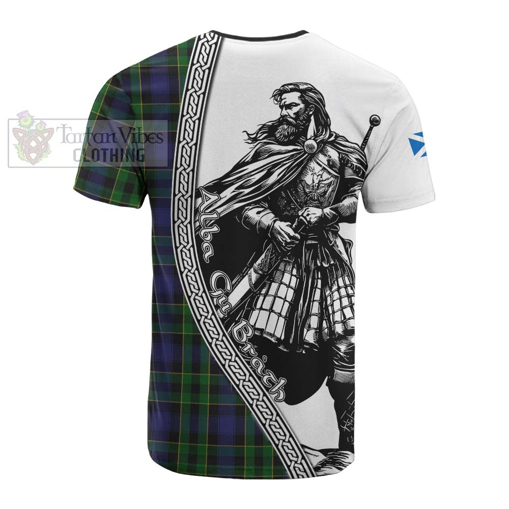 Mowat Tartan Clan Crest Cotton T-shirt with Highlander Warrior Celtic Style - Tartan Vibes Clothing