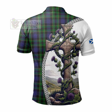 Mowat Tartan Polo Shirt with Family Crest and St. Andrew's Cross Accented by Thistle Vines - Tartan Vibes Clothing