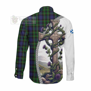 Mowat Tartan Long Sleeve Button Shirt with Family Crest and St. Andrew's Cross Accented by Thistle Vines Men's Shirt - Tartan Vibes Clothing