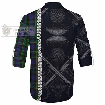 Mowat Tartan Ghillie Kilt Shirt with Family Crest Cross Sword Thistle Celtic Vibes - Tartan Vibes Clothing