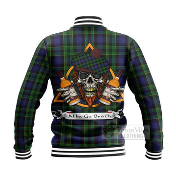 Mowat Tartan Baseball Jacket with Family Crest and Bearded Skull Holding Bottles of Whiskey - Tartan Vibes Clothing