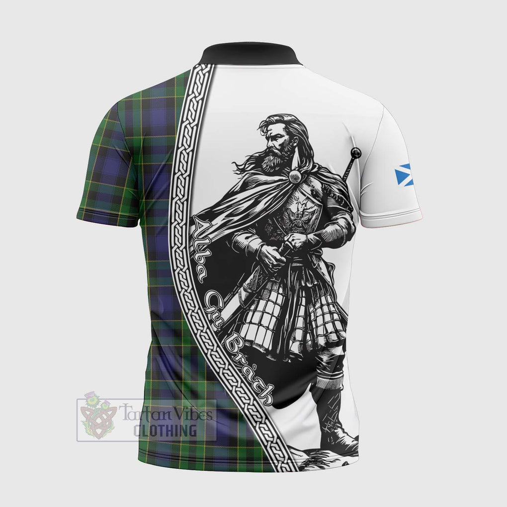 Mowat Tartan Clan Crest Zipper Polo Shirt with Highlander Warrior Celtic Style - Tartan Vibes Clothing