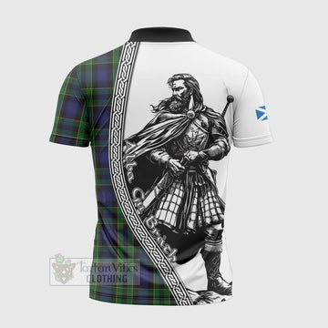 Mowat Tartan Clan Crest Zipper Polo Shirt with Highlander Warrior Celtic Style - Tartan Vibes Clothing