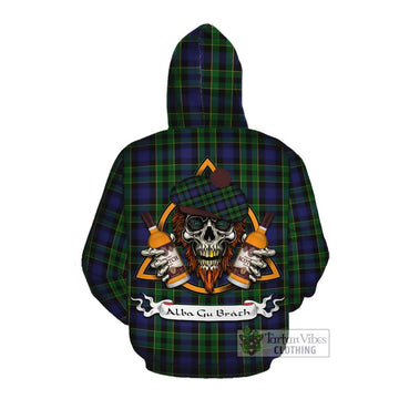Mowat Tartan Cotton Hoodie with Family Crest and Bearded Skull Holding Bottles of Whiskey Pullover Hoodie - Tartan Vibes Clothing