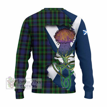 Tartan Vibes Clothing Mowat Tartan Family Crest Knitted Sweater Scottish Thistle Celtic Inspired