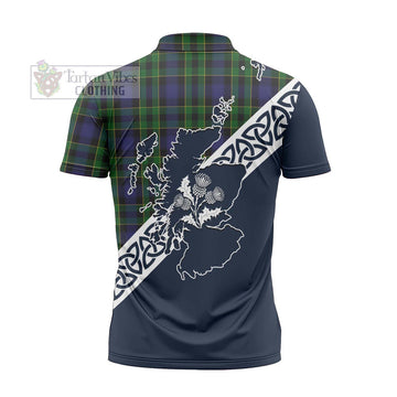 Mowat Tartan Zipper Polo Shirt Featuring Thistle and Scotland Map - Tartanvibesclothing Store