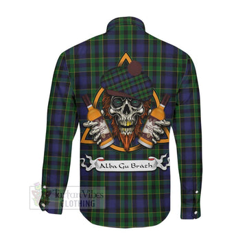 Mowat Tartan Long Sleeve Button Shirt with Family Crest and Bearded Skull Holding Bottles of Whiskey Men's Shirt - Tartan Vibes Clothing
