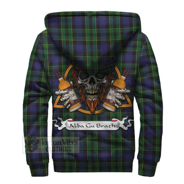 Mowat Tartan Sherpa Hoodie with Family Crest and Bearded Skull Holding Bottles of Whiskey - Tartan Vibes Clothing