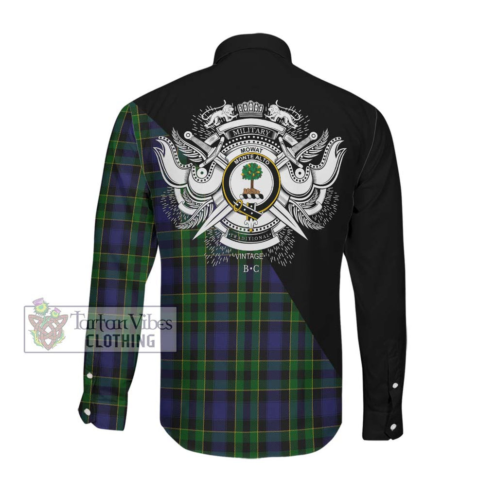 Mowat Tartan Long Sleeve Button Shirt with Family Crest and Military Logo Style Men's Shirt - Tartanvibesclothing Shop