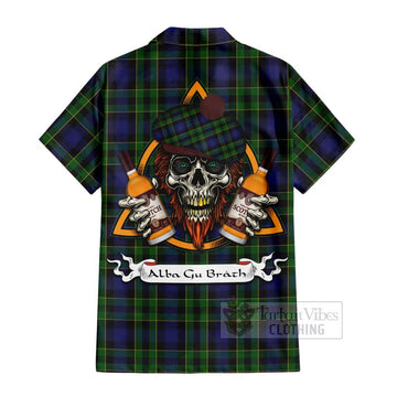Mowat Tartan Hawaiian Shirt with Family Crest and Bearded Skull Holding Bottles of Whiskey - Tartan Vibes Clothing