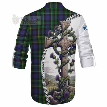Mowat Tartan Ghillie Kilt Shirt with Family Crest and St. Andrew's Cross Accented by Thistle Vines - Tartan Vibes Clothing