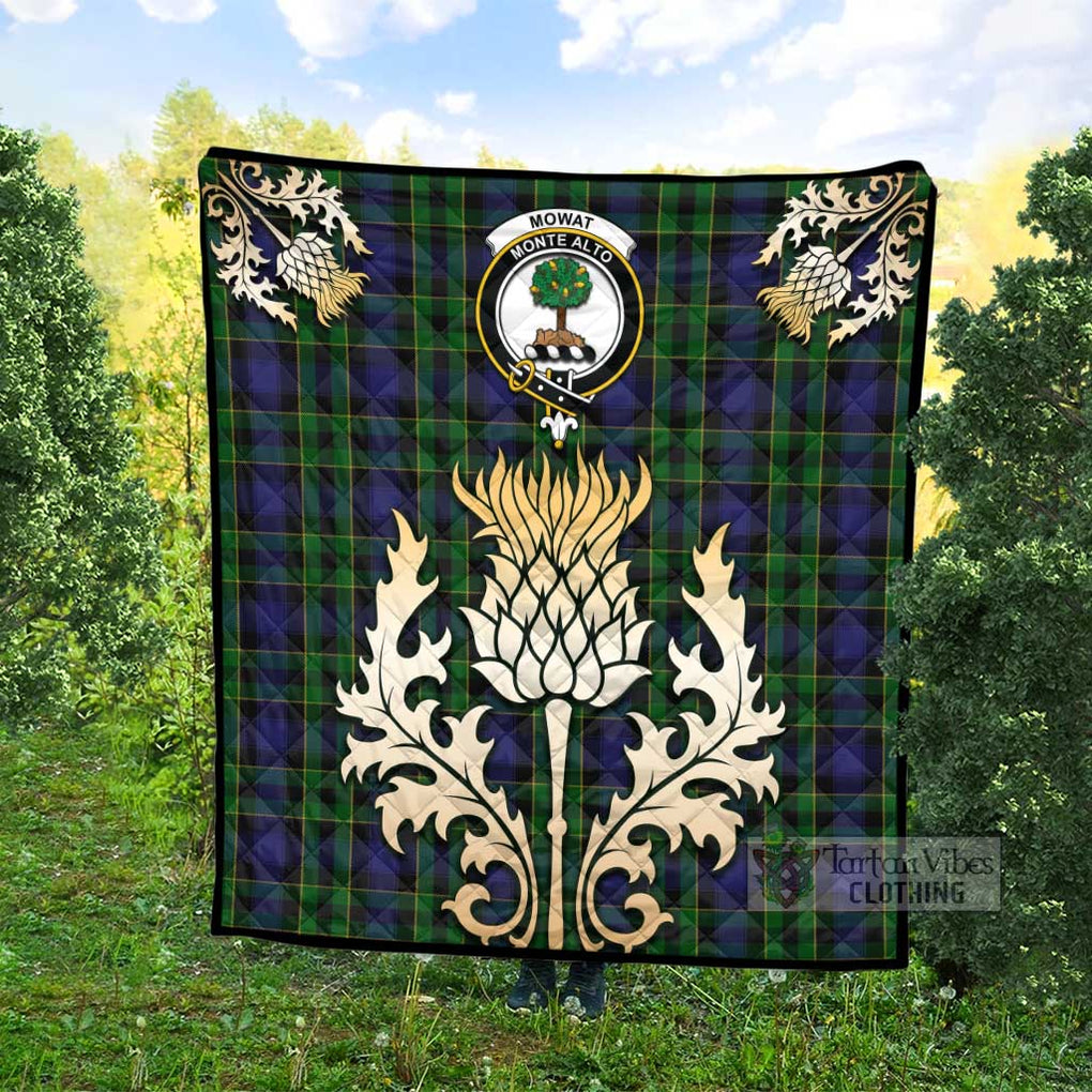 Tartan Vibes Clothing Mowat Tartan Quilt with Family Crest and Golden Thistle Style