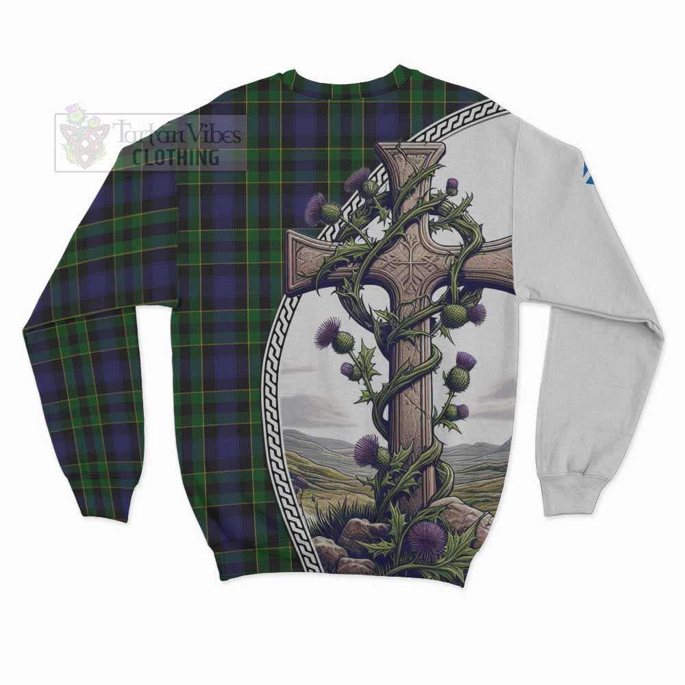 Mowat Tartan Sweatshirt with Family Crest and St. Andrew's Cross Accented by Thistle Vines - Tartan Vibes Clothing