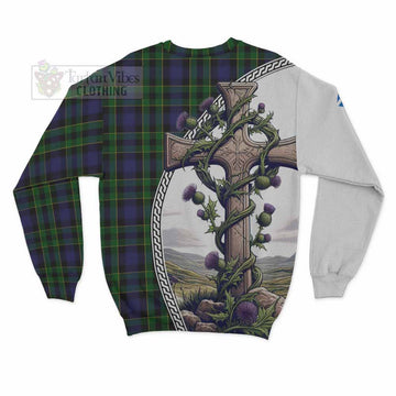 Mowat Tartan Sweatshirt with Family Crest and St. Andrew's Cross Accented by Thistle Vines - Tartan Vibes Clothing
