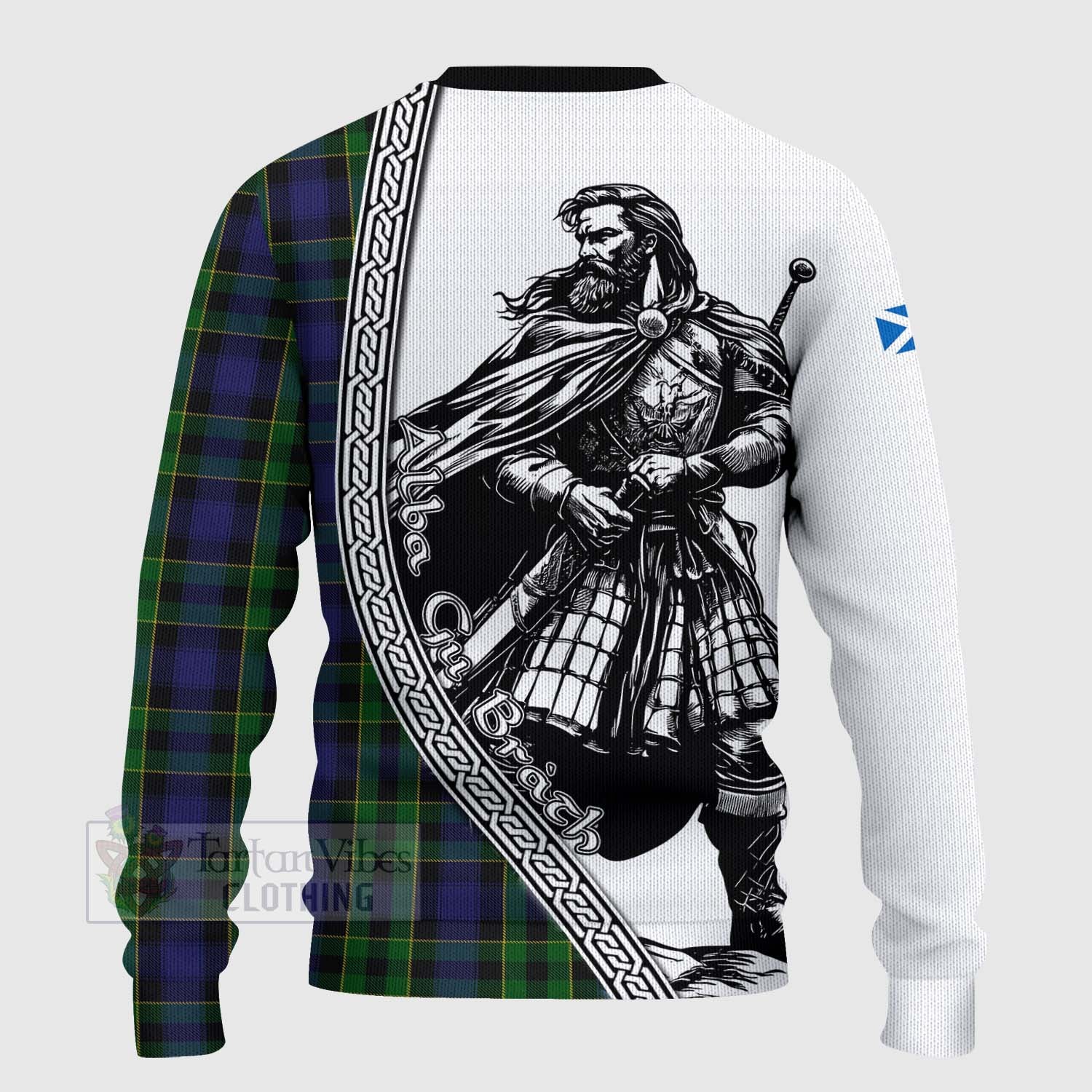 Mowat Tartan Clan Crest Knitted Sweater with Highlander Warrior Celtic Style - Tartan Vibes Clothing