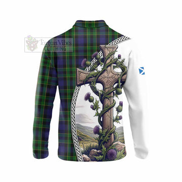 Mowat Tartan Long Sleeve Polo Shirt with Family Crest and St. Andrew's Cross Accented by Thistle Vines - Tartan Vibes Clothing