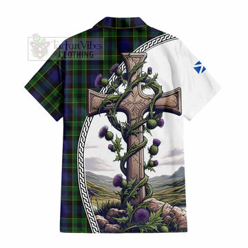 Mowat Tartan Hawaiian Shirt with Family Crest and St. Andrew's Cross Accented by Thistle Vines - Tartan Vibes Clothing