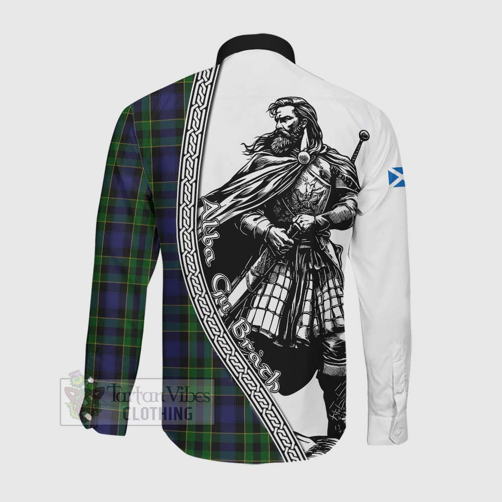 Mowat Tartan Clan Crest Long Sleeve Button Shirt with Highlander Warrior Celtic Style Men's Shirt - Tartan Vibes Clothing