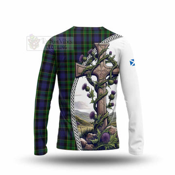 Mowat Tartan Long Sleeve T-Shirt with Family Crest and St. Andrew's Cross Accented by Thistle Vines - Tartan Vibes Clothing