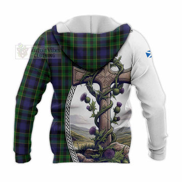 Mowat Tartan Knitted Hoodie with Family Crest and St. Andrew's Cross Accented by Thistle Vines - Tartan Vibes Clothing