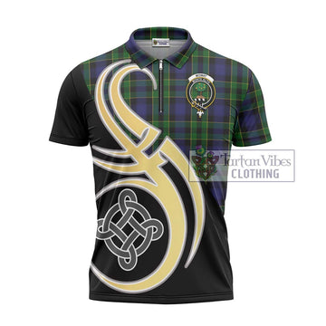 Mowat Tartan Zipper Polo Shirt with Family Crest and Celtic Symbol Style - Tartan Vibes Clothing