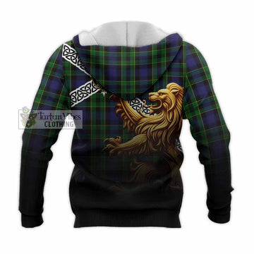 Tartan Vibes Clothing Mowat Crest Tartan Knitted Hoodie with Golden Lion Emblem Celtic Style