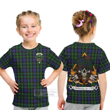 Mowat Tartan Kid T-Shirt with Family Crest and Bearded Skull Holding Bottles of Whiskey - Tartan Vibes Clothing