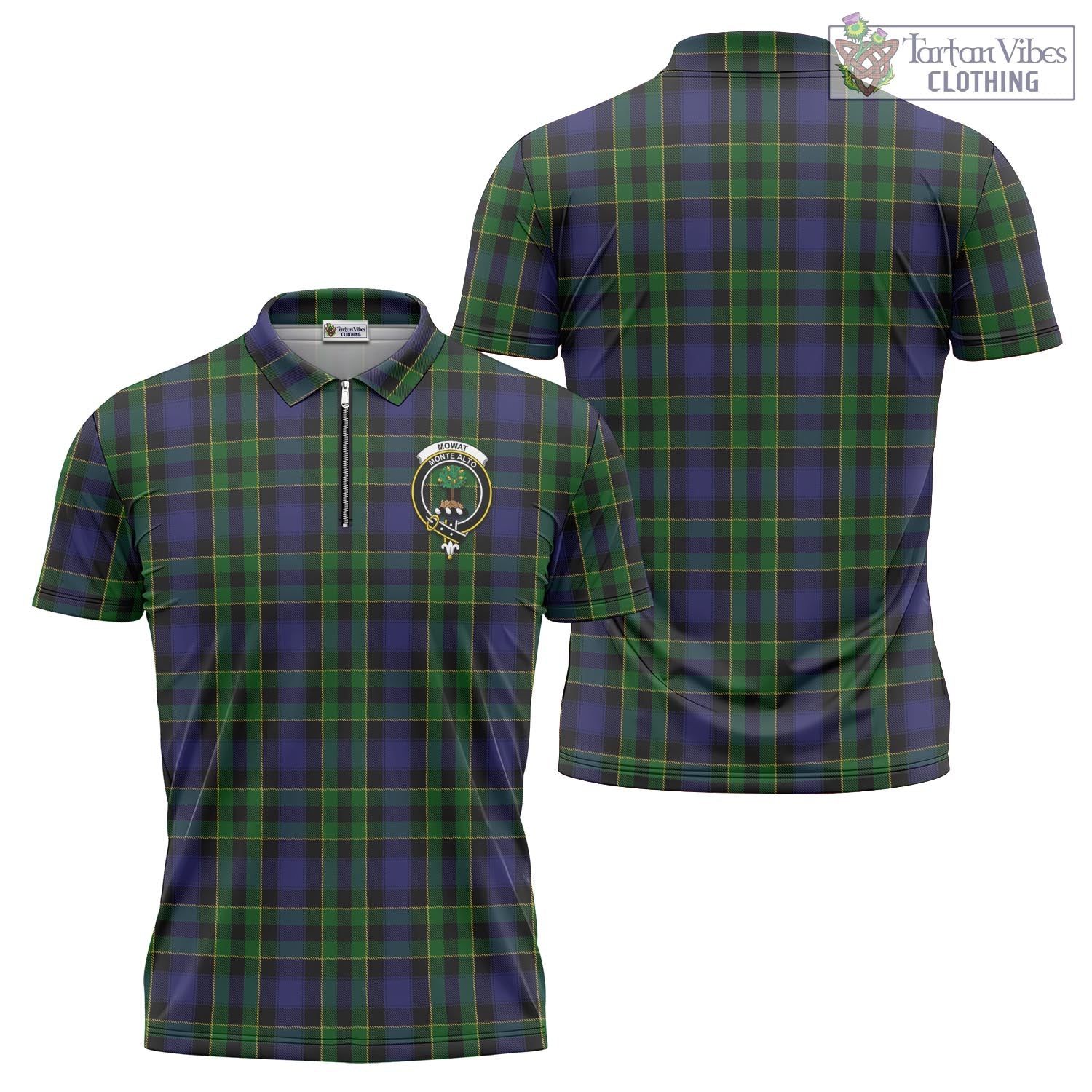 Mowat Tartan Zipper Polo Shirt with Family Crest - Tartan Vibes Clothing