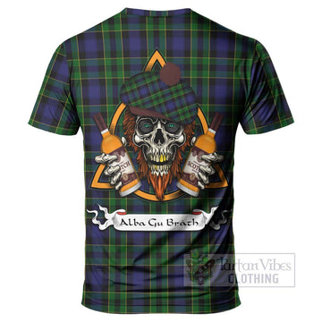 Mowat Tartan T-Shirt with Family Crest and Bearded Skull Holding Bottles of Whiskey - Tartan Vibes Clothing