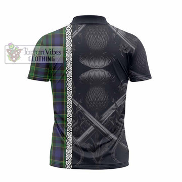 Mowat Tartan Zipper Polo Shirt with Family Crest Cross Sword Thistle Celtic Vibes - Tartan Vibes Clothing
