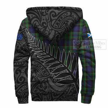 Mowat Crest Tartan Sherpa Hoodie with New Zealand Silver Fern Half Style - Tartan Vibes Clothing