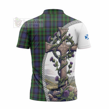 Mowat Tartan Zipper Polo Shirt with Family Crest and St. Andrew's Cross Accented by Thistle Vines - Tartan Vibes Clothing