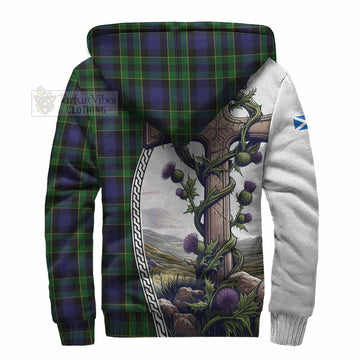 Mowat Tartan Sherpa Hoodie with Family Crest and St. Andrew's Cross Accented by Thistle Vines - Tartan Vibes Clothing