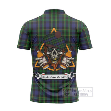 Mowat Tartan Zipper Polo Shirt with Family Crest and Bearded Skull Holding Bottles of Whiskey - Tartan Vibes Clothing