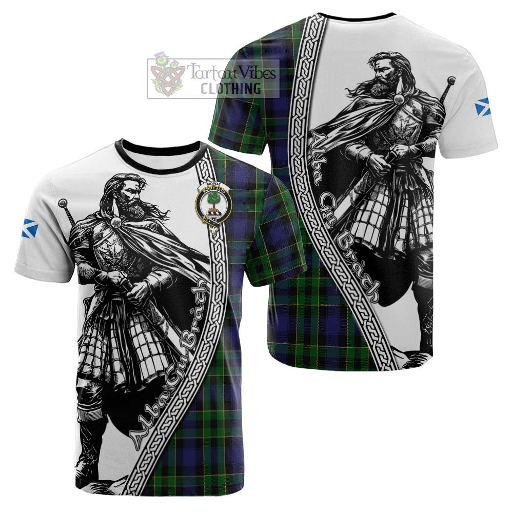 Mowat Tartan Clan Crest Cotton T-shirt with Highlander Warrior Celtic Style - Tartan Vibes Clothing