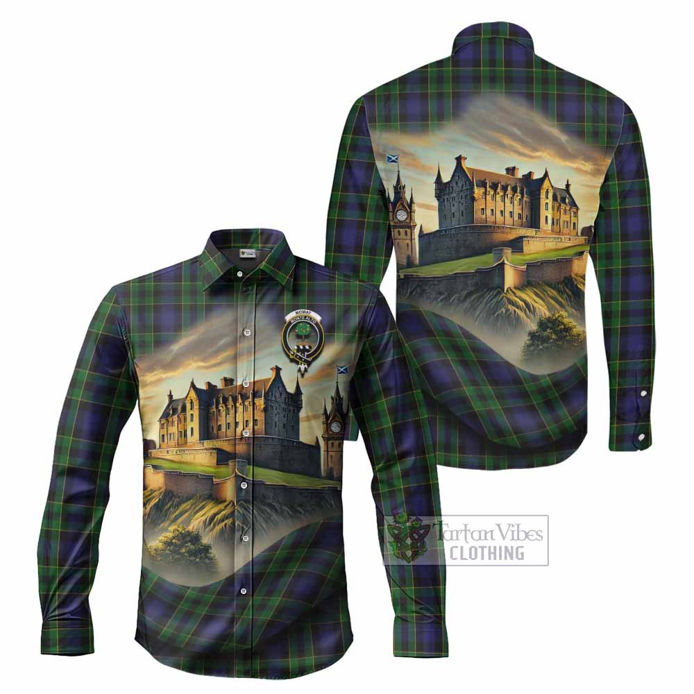 Tartan Vibes Clothing Mowat Tartan Family Crest Long Sleeve Button Shirt with Scottish Ancient Castle Style