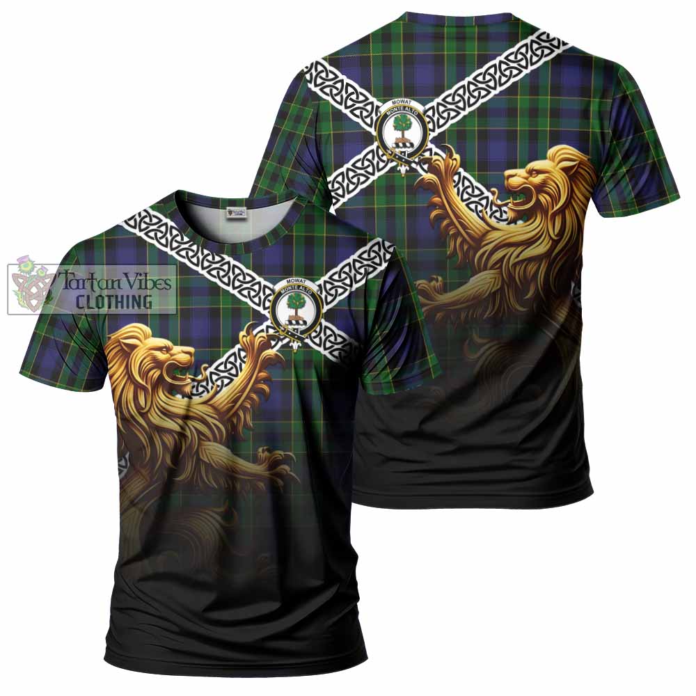 Mowat Crest Tartan T-Shirt with Golden Lion Emblem Celtic Style - Tartan Vibes Clothing