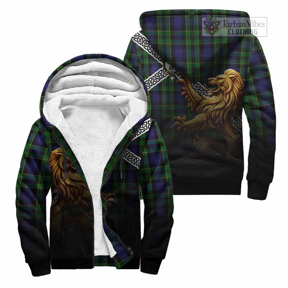 Mowat Crest Tartan Sherpa Hoodie with Golden Lion Emblem Celtic Style Unisex - Tartan Vibes Clothing