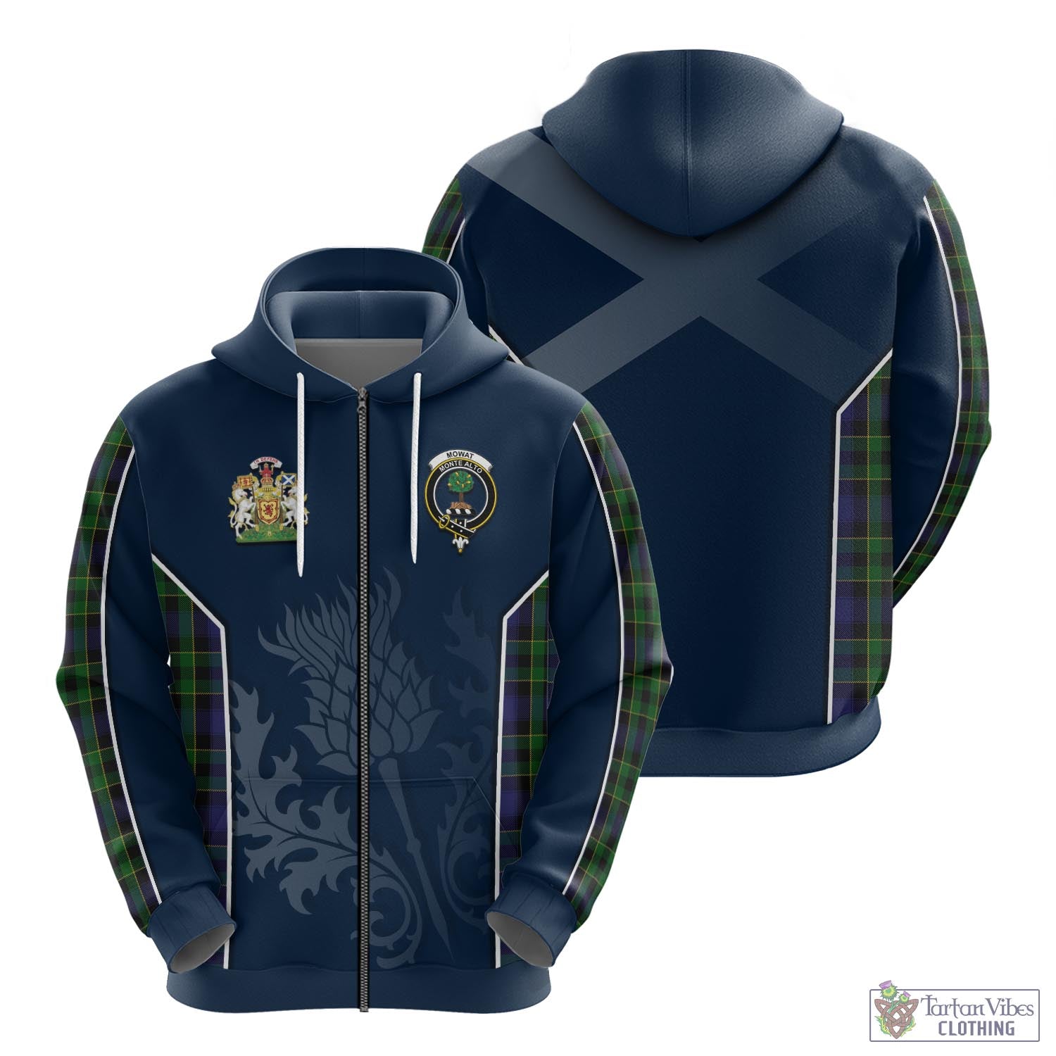 Tartan Vibes Clothing Mowat Tartan Hoodie with Family Crest and Scottish Thistle Vibes Sport Style