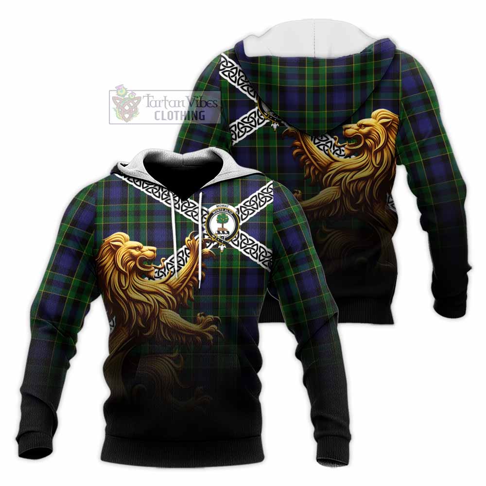 Mowat Crest Tartan Knitted Hoodie with Golden Lion Emblem Celtic Style - Tartan Vibes Clothing