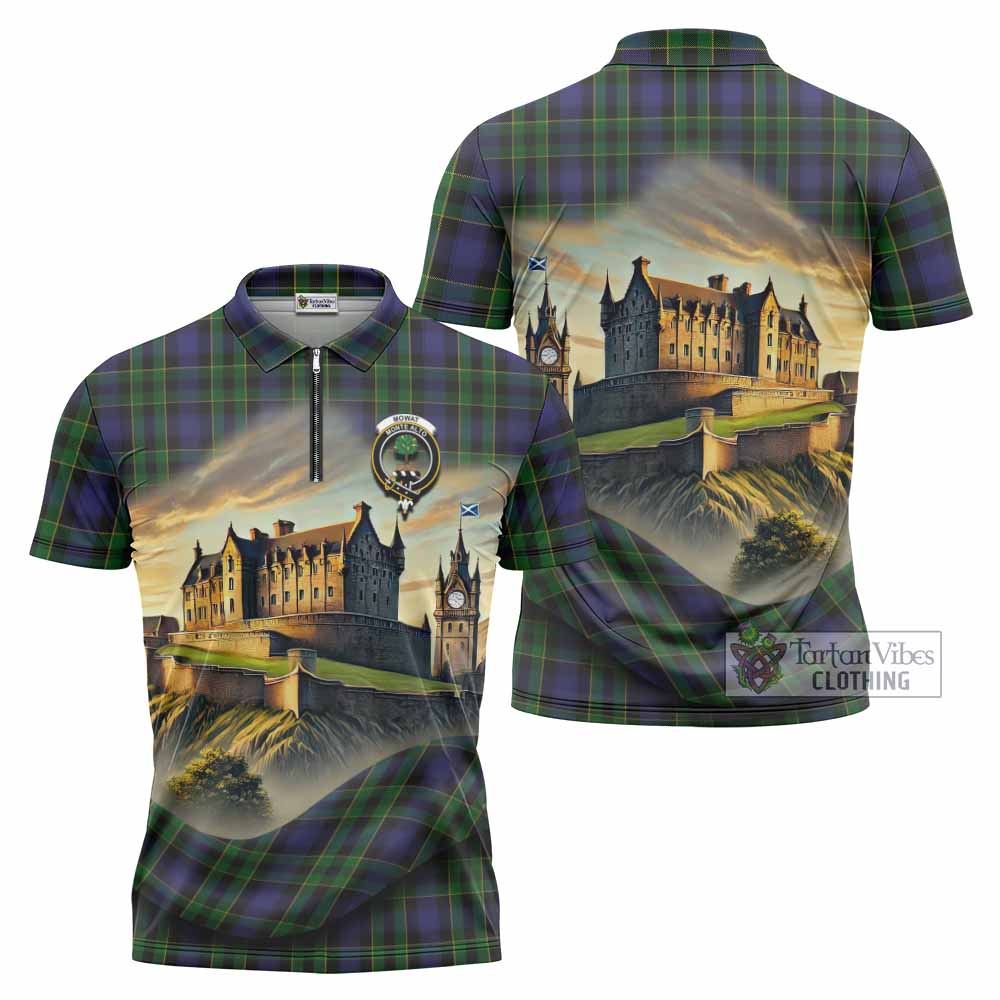 Mowat Tartan Family Crest Zipper Polo Shirt with Scottish Ancient Castle Style - Tartan Vibes Clothing