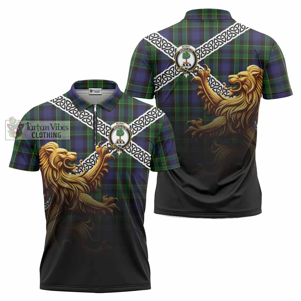 Mowat Crest Tartan Zipper Polo Shirt with Golden Lion Emblem Celtic Style - Tartan Vibes Clothing