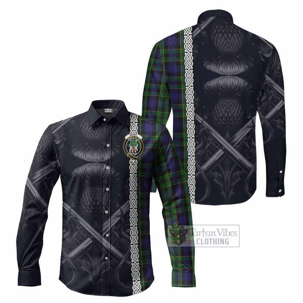 Tartan Vibes Clothing Mowat Tartan Long Sleeve Button Shirt with Family Crest Cross Sword Thistle Celtic Vibes
