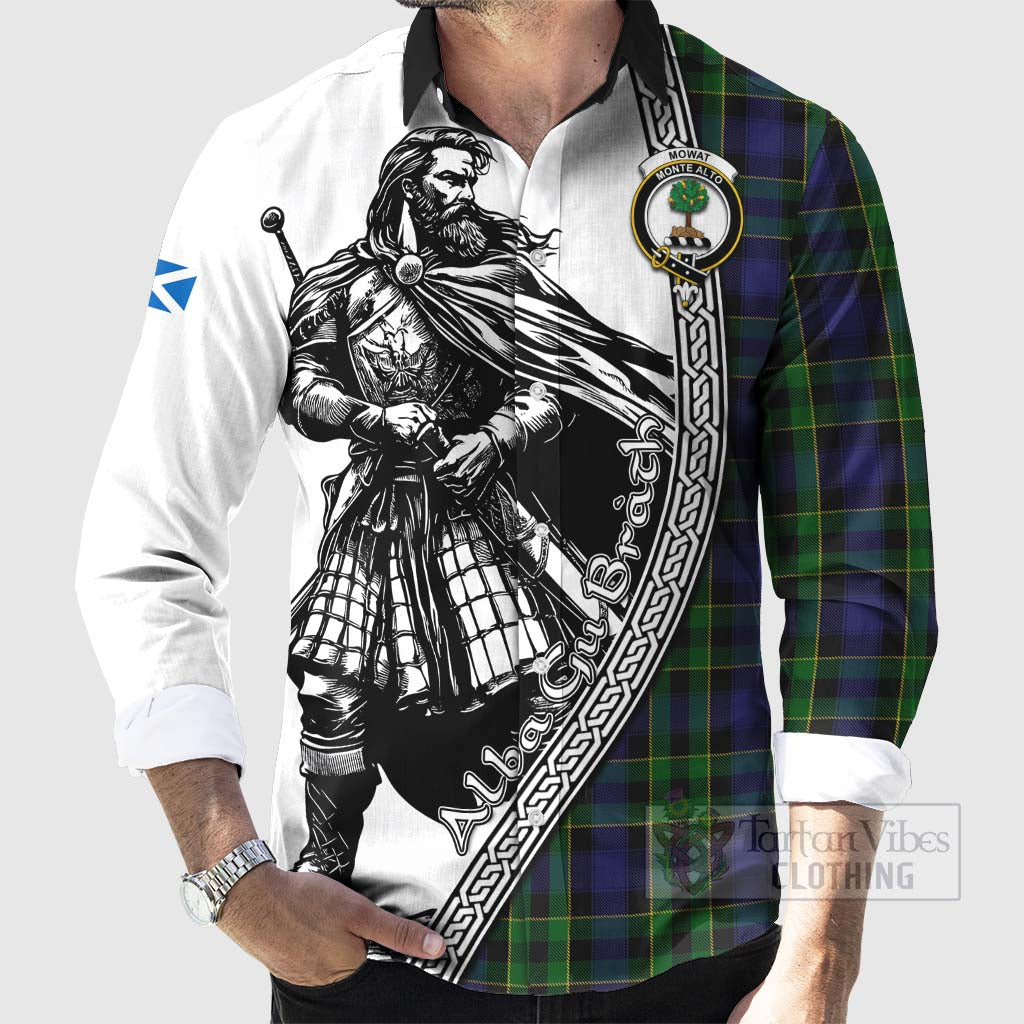 Mowat Tartan Clan Crest Long Sleeve Button Shirt with Highlander Warrior Celtic Style - Tartan Vibes Clothing