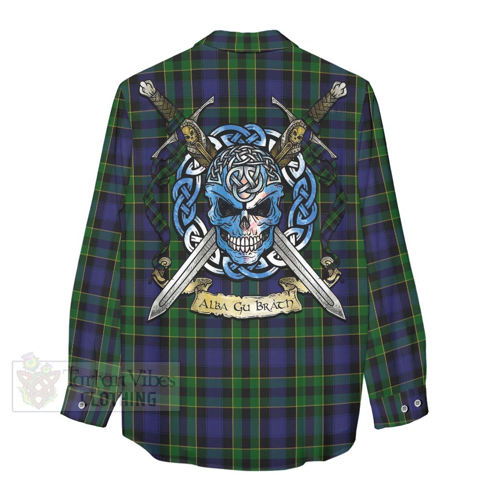 Mowat Tartan Women's Casual Shirt with Family Crest Celtic Skull Style - Tartan Vibes Clothing